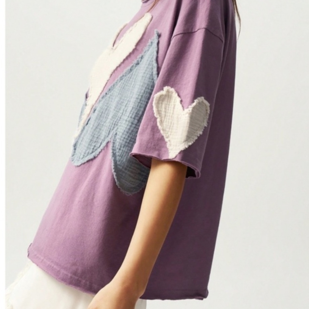 NWOT BellanBlue Oversized Small Purple Top with Blue and Cream Heart Patchwork - Picture 4 of 10
